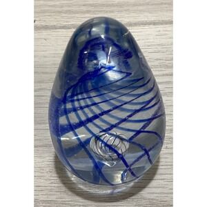 Art Deco Glass Paperweight 2x3" Blue Sphere Shaped w/ Teardrop Bubble Center
